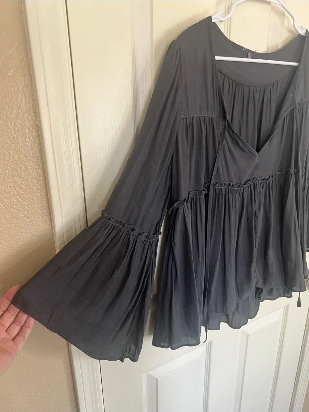 Free People Charcoal Ruffle Tiered Babydoll Blouse Long Sleeve Top
